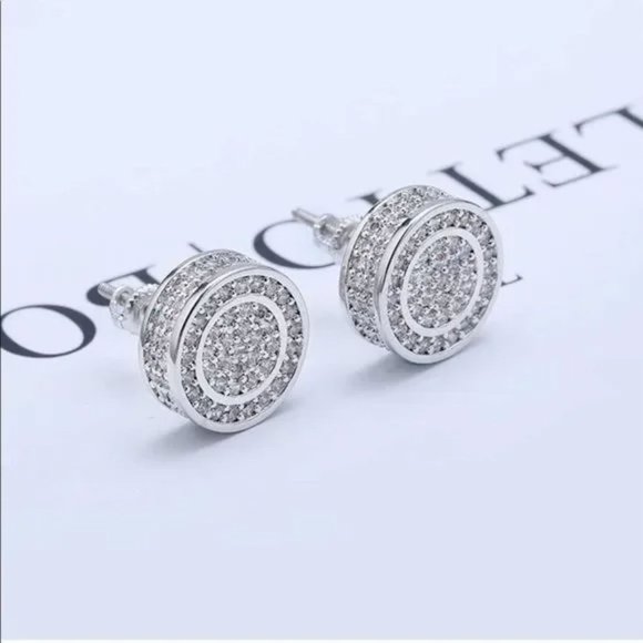 New Men’s Iced Out Sterling Silver Stud Earrings - Picture 1 of 8